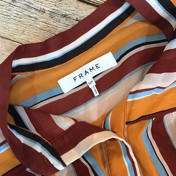 Frame Womens Size S Small 100% Silk Multicolor Striped Long Sleeve Blouse - Picture 8 of 9